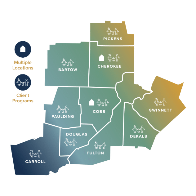 A color-coded map highlights Carroll, Douglas, Fulton, Paulding, Bartow, Cobb, Cherokee, Pickens, Gwinnett, and Dekalb counties, showing icons for multiple locations and client programs in each county.