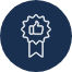 White outline of an award ribbon with a thumbs-up symbol in the center, on a dark blue circular background.