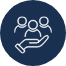 A white outline of a hand holding three people icons on a dark blue circular background, symbolizing support or community care.