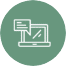 A white line drawing of a laptop with a speech bubble on its screen, centered on a green circular background.