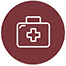 A white first aid kit icon with a cross in the center, outlined in white, inside a maroon circular background.